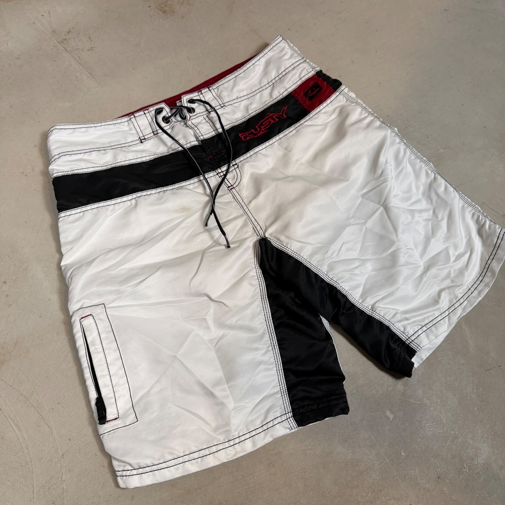 Rusty Mens Board Shorts White Black Red Embroidered y2k Size 36 Swim Trunks